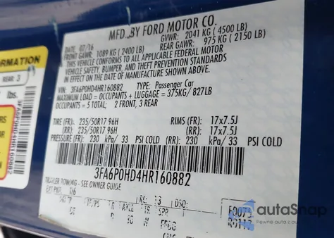 2017 Ford Fusion Se z USA, uszkodzony, nr VIN 3FA6P0HD4HR160882